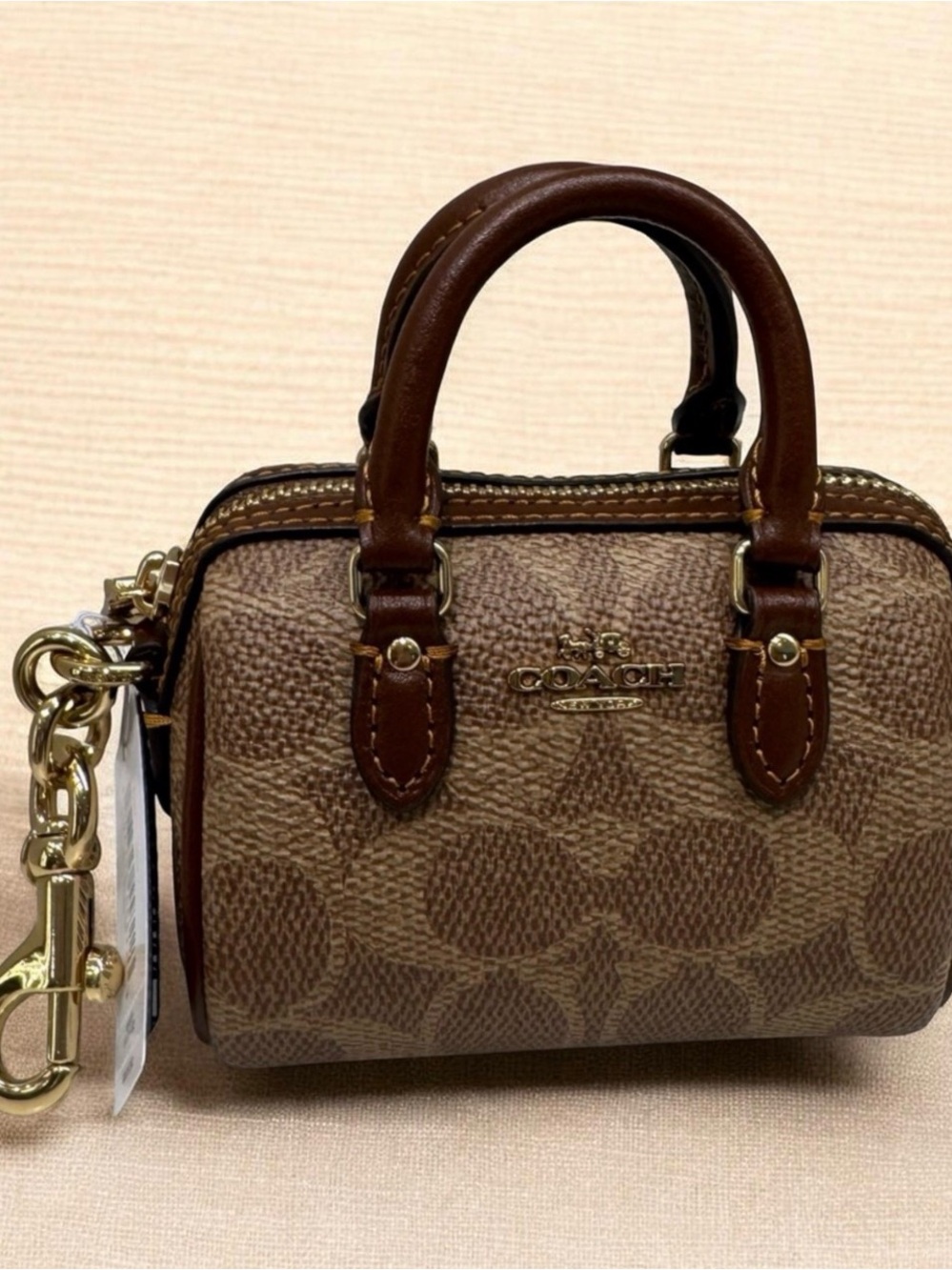 NWT! Coach CX068 Mini Rowan Satchel Bag Charm In Signature Canvas Tan/Brown/Gold - Picture 3 of 4